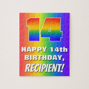14e verjaardag: kleurrijk, vun regenboogpatroon # legpuzzel