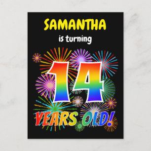 14e verjaardag - Leuk vuurwerk, Regenboog look "14 Briefkaart