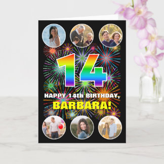 14e verjaardag: Leuke regenboog #, Aangepaste naam Kaart