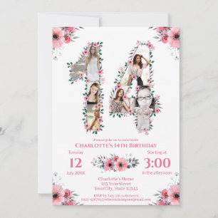 14e verjaardag meisje Foto collage roze bloem wit Kaart