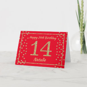 14e verjaardag Rood en Goud Glitter Confetti Kaart