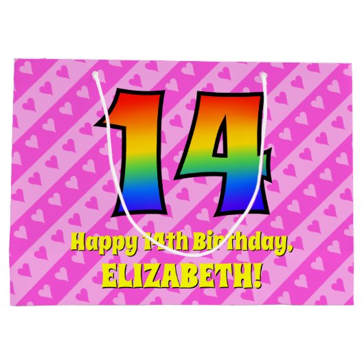 14e verjaardag: roze strepen & harten, regenboog # groot cadeauzakje (Achterkant)