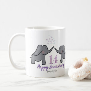 14e verjaardag van ivoorbruiloft schattige olifant koffiemok