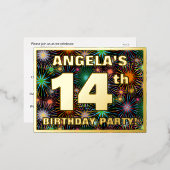 14e verjaardag: Vette, kleurrijke Fireworks-look Folie Uitnodiging Briefkaart (Voorkant / Achterkant)