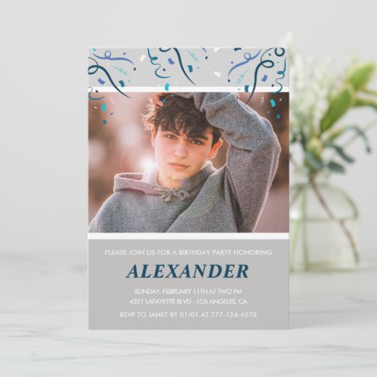14e verjaardagsuitnodigingen Boy Confetti Photo Na Kaart (Staand voorkant)