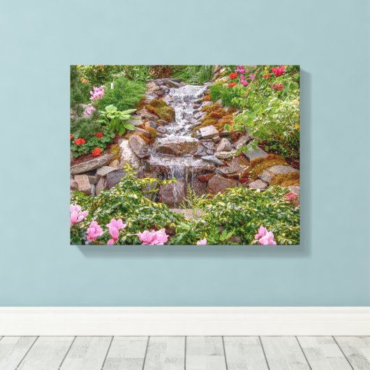 14x11 stromende waterval met bronbloemen canvas afdruk (Insitu (Houten vloer))
