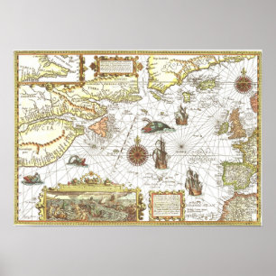 1592 Kaart van de Atlantische Oceaan Poster