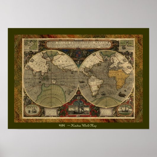 "1595 Wereldkaart van Hondius" Historic Map Poster (Voorkant)