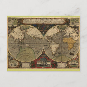 1595 Wereldkaart van Jodocus Hondius Briefkaart