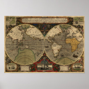 1595 Wereldkaart van Jodocus Hondius Poster