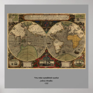 1595  Wereldkaart van Jodocus Hondius Poster