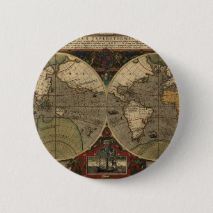 1595  Wereldkaart van Jodocus Hondius Ronde Button 5,7 Cm