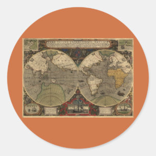 1595  Wereldkaart van Jodocus Hondius Ronde Sticker