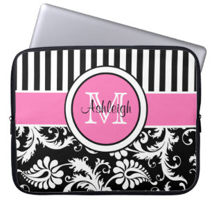 15-inch roze zwarte witte Damask Striped laptophoe Laptop Sleeve