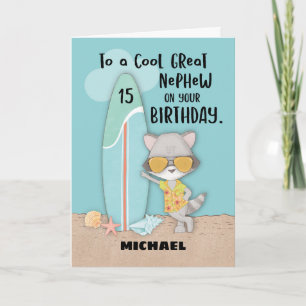 15-jarige Nephew Birthday Beach Funny Raccoon Kaart