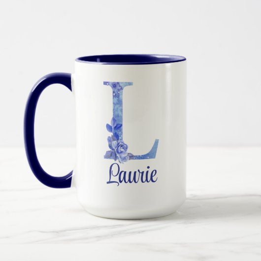 15 oz Mug personnalisé aquarelle bleue et florale (Gauche)