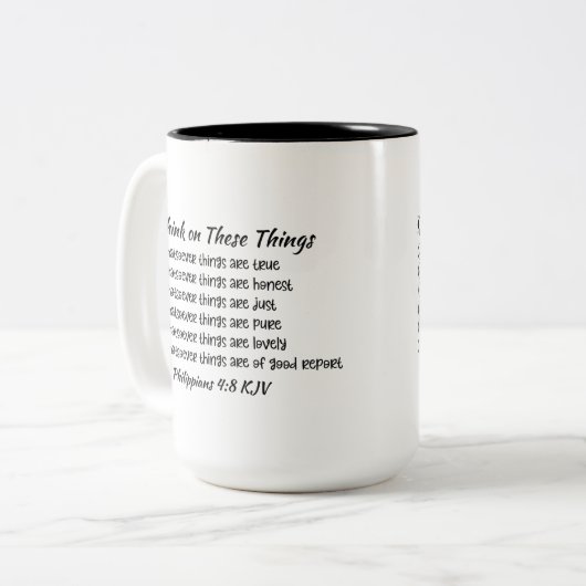 15 Oz Pensez à ces choses Mug - Philippiens 4:8 (Devant gauche)