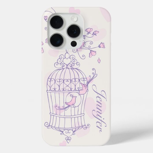 15 Pro Coque iphone des oiseaux et des cages rose et viol (Verso)