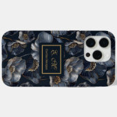 15 Pro Max Coque iPhone Fleurs Or Navy Cadeau Chic Quinceañer (Verso (horizontal))
