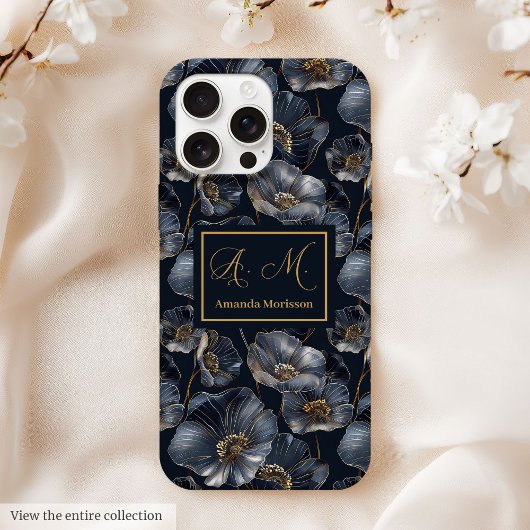 15 Pro Max Coque iPhone Fleurs Or Navy Cadeau Chic Quinceañer