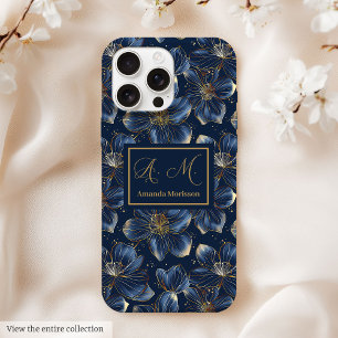 15 Pro Max Coque iPhone Navy Gold Élégante Fleur Personnalisé