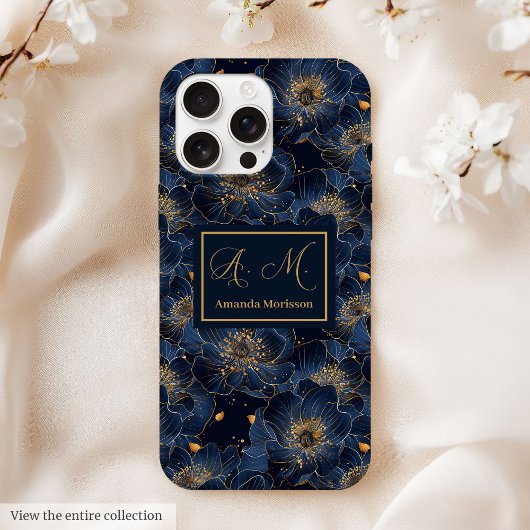 15 Pro Max Coque iPhone Navy Gold Lux Monogram Accent Floral