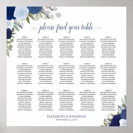 15 Tabel Elegant Blue Rozen Wedding Seating Chart Poster (Voorkant)