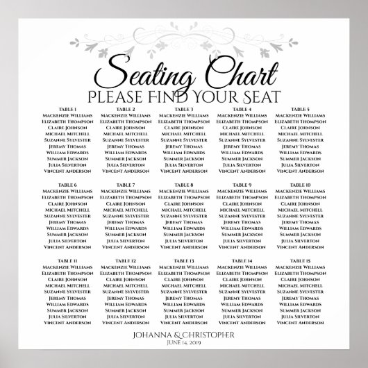 15 Tabel Zilveren Filigree Wedding Seating Chart Poster (Voorkant)