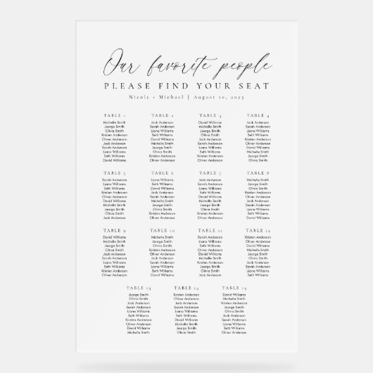 15 Tables Favorite People Acrylic Seating Chart (Recto)