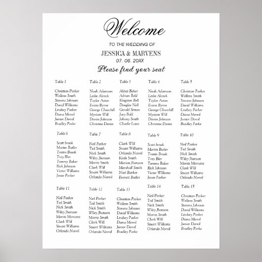 15 Tafel Elegante Moderne bruiloft zitkaart Poster (Voorkant)