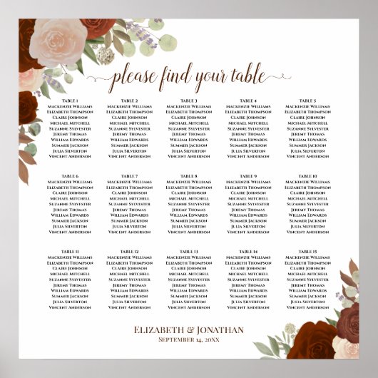15 Tafel herfst Rozen Wedding Seating Chart Poster (Voorkant)