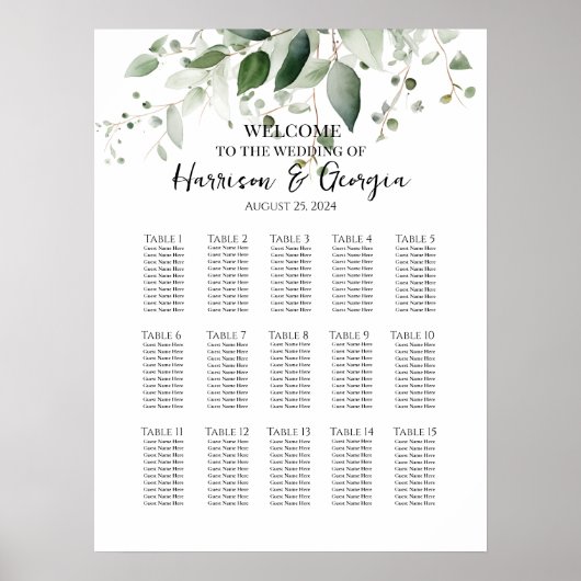 15 Tafels Groen Elegant Bruiloft Zittafel Grafiek Poster (Voorkant)