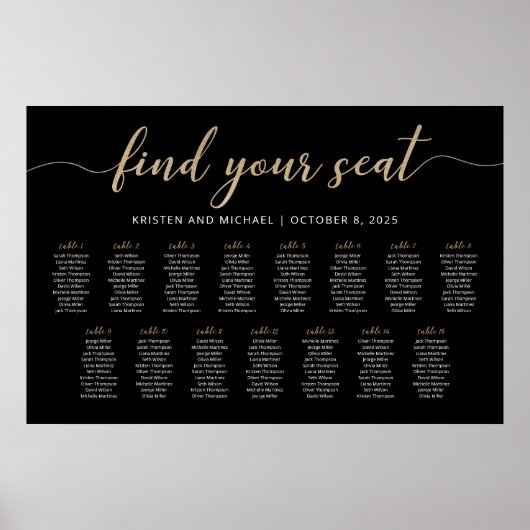 15 Tafels Vind uw Seat Black Zitkaarten Plan Poster (Voorkant)