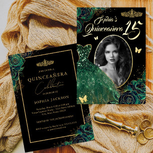 15de Smaragdgroene Gouden Foto Quinceanera Folie U Uitnodiging