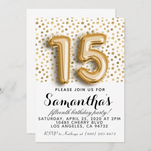 15e anniversaire Gold Polkadot Invitation (Devant / Derrière)