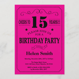 15e anniversaire Invitation Black and Hot Pink