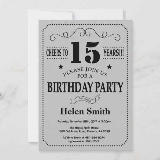 15e anniversaire Invitation Black and Silver Grey (Devant)