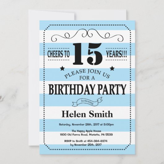 15e anniversaire Invitation Bleu et Blancs (Devant)