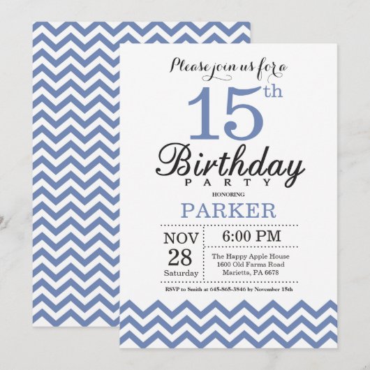 15e anniversaire Invitation Blue Chevron (Devant / Derrière)