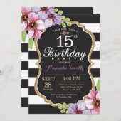 15e anniversaire Invitation Femmes. Or floral noir (Devant / Derrière)