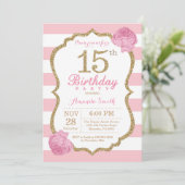 15e anniversaire Invitation Florale rose et or (Debout devant)