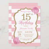 15e anniversaire Invitation Florale rose et or (Devant / Derrière)
