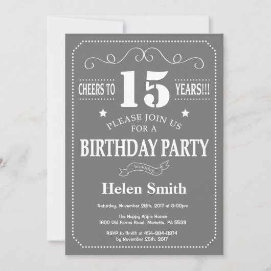 15e anniversaire Invitation Gris et Blanc (Devant)