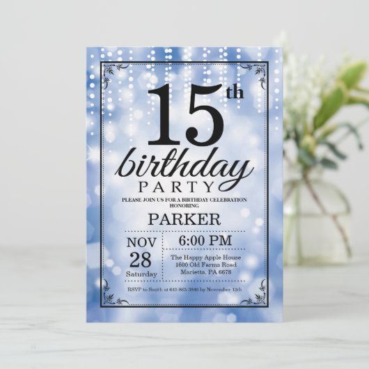 15e anniversaire Invitation Parties scintillant bl (Debout devant)