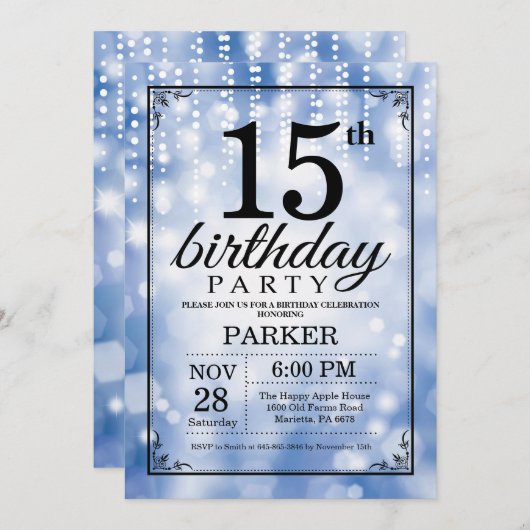 15e anniversaire Invitation Parties scintillant bl (Devant / Derrière)