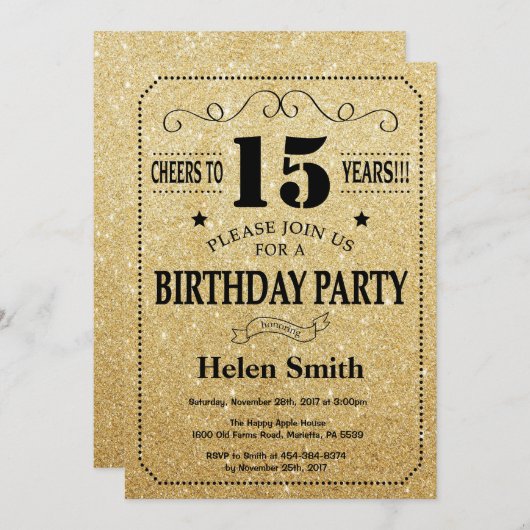 15e anniversaire Invitation Parties scintillant no (Devant / Derrière)