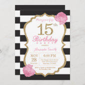 15e anniversaire Invitation Pink Black Gold Floral (Devant / Derrière)