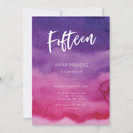 15e anniversaire Invitation Pink Purple Aquarelle (Devant)