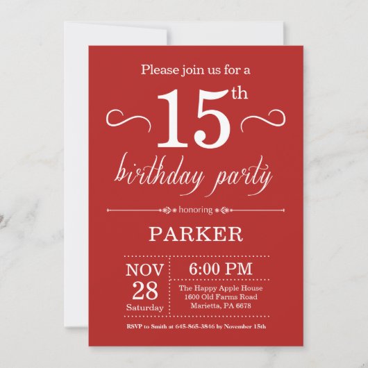 15e anniversaire Invitation Rouge (Devant)
