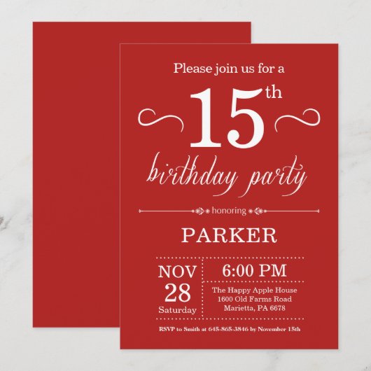 15e anniversaire Invitation Rouge (Devant / Derrière)